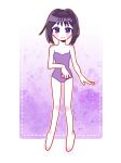  1girl akemi_homura alternate_costume bangs barefoot black_hair blush blush_stickers commentary eyebrows_visible_through_hair full_body highres long_hair mahou_shoujo_madoka_magica multicolored_background one-piece_swimsuit purple_background purple_eyes purple_swimsuit short_hair short_hair_with_long_locks smile solo sparkle sparkle_background standing swimsuit tareme user_nkce4847 white_background 