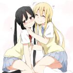  2girls black_hair blonde_hair blush closed_eyes closed_mouth eyebrows k-on! kagiana kotobuki_tsumugi long_hair multiple_girls nakano_azusa school_uniform simple_background skirt smile twintails white_background 