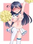  1girl absurdres ahoge bare_arms bare_shoulders bikini black_hair blush border breasts cheering cheerleader closed_eyes eyebrows_visible_through_hair hair_between_eyes highres holding holding_pom_poms kantai_collection large_breasts long_hair navel nipples open_mouth pom_pom_(cheerleading) solo swimsuit thighhighs tsusshi ushio_(kancolle) white_bikini white_border white_legwear 