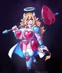  &lt;3 absurd_res anthro armor axe battle_axe big_breasts blonde_hair bovid bovid_horn bovine_ears breasts cape clothed clothing female gloves green_eyes hair hair_over_eye halo handwear hi_res horn lapinbeau long_hair mammal melee_weapon one_eye_obstructed paladin pauldron ruby_(rubyluvcow) signature skimpy solo tail_tuft tuft unconvincing_armor weapon 