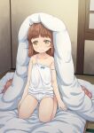  1girl blanket broiler brown_hair commentary_request futon highres indoors looking_at_viewer medium_hair original panties seiza sitting solo spaghetti_strap tank_top thighs underwear white_panties yellow_eyes 