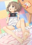  1girl bare_legs barefoot bed black_eyes broiler brown_hair commentary_request highres lying nintendo_switch on_back open_mouth original panties panties_under_shorts shirt short_hair short_shorts shorts soles solo t-shirt table underwear white_panties white_shirt 