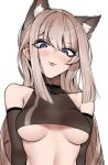  1girl :3 :p animal_ears blue_eyes blush breasts brown_hair cat_ears j.k. long_hair looking_at_viewer medium_breasts original personification simple_background smile solo tongue tongue_out underboob white_background 