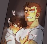  2boys arm_hair bara between_pectorals blush breath brown_hair covered_nipples facial_hair goatee grabbing head_between_pecs in_locker kengo_(housamo) large_pectorals long_sideburns m_cwfe male_focus master_4_(housamo) multiple_boys muscular muscular_male pectoral_grab pectorals short_hair sideburns stubble stuck sweatdrop thick_eyebrows tokyo_afterschool_summoners translation_request upper_body yaoi 