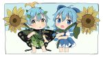 2girls antennae antidote aqua_hair bare_legs barefoot blue_bow blue_dress blue_eyes blue_hair blush bow butterfly_wings chibi cirno collared_shirt dress eternity_larva eyebrows_visible_through_hair fairy fang flower full_body green_dress hair_between_eyes hair_bow holding holding_flower ice ice_wings leaf leaf_on_head looking_at_viewer multicolored_clothes multicolored_dress multiple_girls open_mouth puffy_short_sleeves puffy_sleeves shirt short_hair short_sleeves single_strap skin_fang sunflower touhou white_shirt wings yellow_eyes yellow_flower 