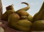  2021 anthro argonian backsack balls bethesda_softworks big_butt butt day digital_media_(artwork) genitals hi_res lying lying_on_ground male moreuselesssource muscular muscular_male muscular_thighs nude on_front penis rear_view scalie sky solo teeth the_elder_scrolls video_games 