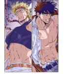  2boys battle_tendency bleeding blonde_hair blood brown_hair caesar_anthonio_zeppeli cuts facial_mark feather_hair_ornament feathers fingerless_gloves gloves green_eyes grin hair_ornament headband injury jojo_no_kimyou_na_bouken joseph_joestar joseph_joestar_(young) male_focus midriff minecraft multiple_boys nitako open_clothes open_shirt smile spiked_hair 