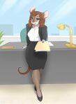  2021 absurd_res anthro blue_eyes bottomwear brown_hair clothed clothing desk digital_media_(artwork) ear_piercing female footwear furniture hair hi_res holding_object lamp mammal mouse murid murine office office_lady pencil_skirt piercing pig_(artist) rodent shoes skirt solo 