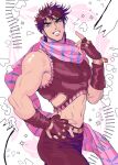  1boy adjusting_scarf blue_eyes brown_hair fingerless_gloves gloves highres jojo_no_kimyou_na_bouken joseph_joestar joseph_joestar_(young) male_focus midriff muscular muscular_male nitako scarf solo striped striped_scarf 