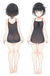  1girl barefoot black_dress black_hair blue_eyes closed_mouth collarbone dress from_behind full_body highres looking_at_viewer original otokuyou short_hair simple_background sleeveless sleeveless_dress solo standing toes white_background 