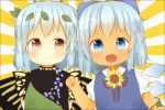  2girls antennae antidote aqua_hair blue_bow blue_dress blue_eyes blue_hair blush bow brown_eyes butterfly_wings cirno closed_mouth collared_shirt dress eternity_larva eyebrows_visible_through_hair fairy fang flower green_dress hair_between_eyes hair_bow ice ice_wings leaf leaf_on_head looking_at_viewer multicolored_clothes multicolored_dress multiple_girls open_mouth puffy_short_sleeves puffy_sleeves shirt short_hair short_sleeves single_strap smile sunflower tanned_cirno touhou upper_body white_shirt wings yellow_flower 