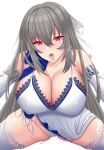  1girl absurdres azur_lane bare_shoulders breasts china_dress chinese_clothes cleavage covered_nipples dress elbow_gloves evening_gown eyebrows_visible_through_hair gloves grey_hair hair_between_eyes highres huge_breasts lace-trimmed_dress lace-trimmed_legwear lace_trim long_hair looking_at_viewer makudesu mole mole_on_breast mole_under_eye official_alternate_costume open_mouth panties saint-louis_(azur_lane) saint-louis_(holy_knight&#039;s_resplendence)_(azur_lane) shiny shiny_skin simple_background sleeveless sleeveless_dress solo spread_legs thighhighs tongue tongue_out underwear very_long_hair white_background white_dress white_gloves white_legwear white_panties 