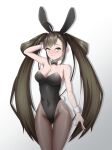  1girl animal_ears black_hair black_legwear black_leotard bow bowtie breasts chinese_commentary cleavage commentary_request covered_navel detached_collar green_eyes highres leotard long_hair looking_at_viewer medium_breasts pantyhose playboy_bunny rabbit_ears rabbit_tail simple_background solo sun_shang_xiang tail thigh_gap twintails wangzhe_rongyao white_background wrist_cuffs xing_yujun 