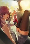  1girl ahoge breasts car car_interior cleavage cleavage_cutout clothing_cutout damda ear_piercing eyebrows_visible_through_hair fate/grand_order fate_(series) grey_skirt ground_vehicle holding holding_clothes holding_panties holding_underwear large_breasts legs_up long_hair looking_at_viewer motor_vehicle panties panties_removed piercing purple_hair red_eyes red_panties shirt sitting skirt sleeveless smile thighhighs thighs underwear white_shirt zettai_ryouiki 