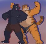  2019 anthro belly black_body bulge cellphone clothing dippubear duo felid hi_res humanoid_hands male mammal moobs nipples one_eye_closed overweight overweight_male pantherine phone smartphone tiger underwear wink 