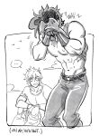  ... 2boys battle_tendency caesar_anthonio_zeppeli clothes_lift deliciest jojo_no_kimyou_na_bouken joseph_joestar joseph_joestar_(young) looking_at_pecs male_focus monochrome multiple_boys shirt_lift sweat topless_male wiping_face 