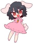  1girl animal_ears barefoot black_hair carrot_necklace dress floppy_ears frilled_dress frilled_sleeves frills highres inaba_tewi jewelry looking_at_viewer op_na_yarou open_mouth pendant pink_dress puffy_short_sleeves puffy_sleeves rabbit_ears rabbit_tail red_eyes ribbon-trimmed_dress short_hair short_sleeves simple_background smile solo tail touhou wavy_hair white_background 