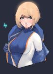  1girl apex_legends blonde_hair blue_bodysuit blue_eyes bodysuit breasts eyebrows_behind_hair grey_background highres jacket lichtenberg_figure lightning_bolt_symbol medium_breasts orange_jacket reborns removing_jacket ribbed_bodysuit scar scar_on_cheek scar_on_face short_hair solo wattson_(apex_legends) white_bodysuit 