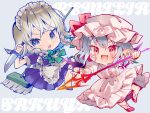  2girls :d apron blue_eyes blue_shirt blue_skirt braid broom character_name dress eyebrows_visible_through_hair fang frilled_apron frilled_dress frills full_body hat holding holding_knife izayoi_sakuya knife light_blue_hair light_brown_hair maid maid_headdress medium_hair mob_cap multiple_girls open_mouth pink_dress pink_headwear puffy_short_sleeves puffy_sleeves red_eyes red_footwear remilia_scarlet shirt short_sleeves simple_background skin_fang skirt smile spear_the_gungnir tamagogayu1998 touhou twin_braids v-shaped_eyebrows waist_apron white_apron wrist_cuffs 