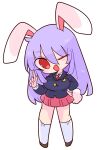  1girl animal_ears bangs blazer blouse buttons collared_blouse crescent crescent_pin highres jacket light_purple_hair long_hair long_sleeves miniskirt necktie one_eye_closed op_na_yarou open_mouth pink_skirt pleated_skirt pointing pointing_up purple_hair rabbit_ears rabbit_tail red_eyes red_neckwear reisen_udongein_inaba simple_background skirt smile socks solo tail touhou very_long_hair white_background white_blouse white_legwear 