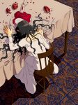  1girl alcohol black_hair chair cup dress drinking_glass facing_away floor food fork from_above from_behind fruit head_down indoors knife long_dress long_hair original pomegranate sheet_grab shokugyo sitting solo table white_dress wine wine_glass 