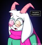  anthro bovid caprine clothing coat deltarune english_text eyewear fur glasses goat_ears green_clothing green_coat green_topwear hi_res horn lapinbeau male mammal multi_glasses pink_scarf ralsei scarf signature solo surprised_expression text text_box topwear undertale_(series) video_games white_body white_fur 