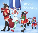  1boy 3girls absurdres animal_ears bag bare_shoulders belt belt_buckle black_hair blue_background boots breasts buckle christmas closed_eyes colored_skin demon_girl demon_horns demon_tail elbow_gloves english_commentary english_text eyebrows_visible_through_hair fingerless_gloves full_body gift gloves hair_between_eyes hair_over_one_eye high_heel_boots high_heels highres holding holding_gift horns li_(rob_ishi) merry_christmas miniskirt multiple_girls navel nelu_(rob_ishi) open_mouth original pointy_ears purple_skin rabbit_ears rabbit_girl rae_(rob_ishi) red_skin rob_ishi short_hair simple_background skirt sleeveless tail teeth thigh_boots thighhighs tongue tracie_(rob_ishi) underboob white_hair 