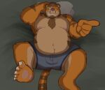  2019 anthro belly clothing dippubear felid hi_res humanoid_hands lying male mammal moobs nipples one_eye_closed overweight overweight_male pantherine pillow solo tiger underwear wink 