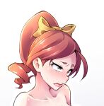  1girl ahegao black_eyes blush bow completely_nude geewhy hair_bow hanna_england highres little_witch_academia nude open_mouth orange_hair ponytail portrait rolling_eyes solo sweat yellow_bow 