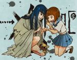  2girls abstract_background barefoot black_hair blue_background blue_eyes blue_skirt brown_eyes brown_footwear brown_hair dog dress guts_(kill_la_kill) injury kill_la_kill kiryuuin_satsuki kneeling long_hair looking_at_another mankanshoku_mako multiple_girls one_knee pen rags rumrock sailor_dress scrape shoes short_hair skirt smile white_legwear writing_on_hand 