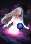  absurdres blonde_hair character_name closed_eyes closed_mouth earth_(planet) facial_mark forehead_mark highres long_hair mokuren outstretched_arms planet please_save_my_earth space vijoux wavy_hair 
