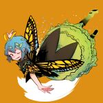  1girl antennae aqua_hair butterfly_wings dress eternity_larva eyebrows_visible_through_hair fairy_wings full_body green_dress hair_between_eyes highres leaf leaf_on_head multicolored_clothes multicolored_dress nyong_nyong one_eye_closed open_mouth orange_background orange_eyes outstretched_arms short_hair solo spread_arms touhou wings 