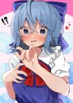  1girl blue_dress blue_eyes blue_hair blush bow bowtie breasts cirno collared_shirt dress eyebrows_visible_through_hair fang frilled_shirt_collar frills hair_between_eyes hair_bow hand_on_own_chest heart highres looking_at_viewer medium_hair open_mouth pink_background puffy_short_sleeves puffy_sleeves red_bow red_bowtie shirt short_sleeves small_breasts solo tamagogayu1998 touhou upper_body white_shirt wings 