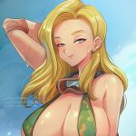  1girl android_18 arm_behind_head bare_shoulders bikini blonde_hair blue_background blue_eyes breasts camouflage camouflage_bikini cleavage closed_mouth covered_nipples dragon_ball dragon_ball_z earrings english_commentary forehead goggles goggles_around_neck hair_behind_ear hair_over_shoulder huge_breasts jammeryx jewelry lips long_hair looking_at_viewer patreon_username signature smile solo swimsuit twitter_username upper_body wet 