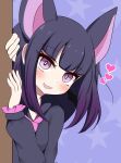  1girl :d animal_ears bangs bat_ears bat_wings black_hair blush common_vampire_bat_(kemono_friends) eyebrows_visible_through_hair fangs frilled_sleeves frills gradient_hair heart hiding highres kemono_friends long_sleeves looking_at_viewer multicolored_hair open_mouth pink_sleeves purple_eyes purple_hair shimosami short_hair simple_background skirt smile solo stalking two-tone_hair wings 