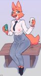  4_fingers absurd_res anthro beverage bodily_fluids bottomwear breasts canid canine clothed clothing diane_foxington dreamworks eyewear female fingers footwear fox fur glasses hi_res kemono looking_at_viewer mammal necktie nipples open_mouth orange_body orange_fur pants shirt shoes signature sitting solo sususuigi sweat the_bad_guys topwear translucent translucent_clothing wet wet_bottomwear wet_clothing wet_pants wet_shirt wet_topwear 