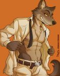  2021 5_fingers anthro bottomwear canid canine canis clothing draxley dreamworks fingers fur hi_res male mammal mr._wolf_(the_bad_guys) muscular muscular_anthro muscular_male orange_background pants simple_background solo suit teeth the_bad_guys wolf 