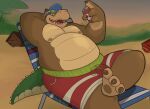  2019 activision anthro belly brown_body canid canine canis clothing crash_bandicoot_(series) crocodile crocodilian crocodylid dingo dingodile dippubear hi_res humanoid_hands hybrid male mammal moobs nipples outside overweight overweight_male reptile scalie sitting solo swimwear video_games 