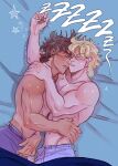  2boys battle_tendency blonde_hair boxers brown_hair caesar_anthonio_zeppeli deliciest facial_mark hand_on_another&#039;s_hip highres jojo_no_kimyou_na_bouken joseph_joestar joseph_joestar_(young) male_focus male_underwear multiple_boys on_bed sleeping snoring twitching underwear yaoi 