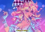  1girl battle_tendency blonde_hair blue_nails bow bowtie breasts caesar_anthonio_zeppeli checkered_clothes cleavage cross cross_necklace deliciest eyeshadow facial_mark fingerless_gloves genderswap genderswap_(mtf) gloves hair_bow jewelry jojo_no_kimyou_na_bouken long_hair makeup microphone music nail_polish necklace ponytail singing solo wavy_hair 