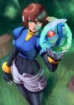  1girl aile_(mega_man_zx) bangs black_bodysuit blue_jacket bodysuit breasts brown_hair commentary covered_navel cropped_jacket fingerless_gloves floating floating_object gloves grass green_eyes jacket lips medium_breasts mega_man_(series) mega_man_zx model_x_(mega_man) parted_lips short_hair shorts skin_tight zetman92 