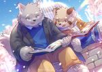  2021 anthro blue_eyes book bottomwear brown_body brown_fur canid canine canis clothing detailed_background duo fur grey_body grey_fur hi_res humanoid_hands kemono lagoon_bluebear male mammal outside pants raccoon_dog shirt sitting sweater tanuki topwear wolf young 