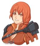  1girl armor artist_name braid breasts cleavage commentary commission english_commentary eyebrows_visible_through_hair fire_emblem fire_emblem:_three_houses hair_between_eyes highres leonie_pinelli looking_at_viewer medium_breasts orange_eyes orange_hair parted_lips shoulder_armor sierra117renner simple_background smile solo teeth tumblr_username upper_body watermark web_address white_background 