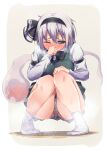  1girl absurdres arm_strap black_hairband black_ribbon blue_eyes blush bow bow_panties breath commentary_request covered_mouth full-face_blush full_body green_skirt green_vest hair_ribbon hairband hand_on_own_knee highres hitodama knees_together_feet_apart konpaku_youmu konpaku_youmu_(ghost) long_sleeves looking_down miniskirt no_shoes onsen_mikan panties pantyshot pee peeing peeing_self puddle raised_eyebrows ribbon see-through shiny shiny_hair shiny_skin short_hair silver_hair simple_background skirt socks solo squatting steam sweat tears thighs touhou underwear upskirt vest wet wet_clothes wet_panties white_legwear yellow_background 