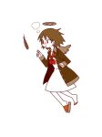  1girl :o bangs barefoot black_eyes blush body_blush breath brown_coat brown_hair brown_wings clenched_hand clog_sandals coat collared_coat dress feathered_wings feathers flying from_side full_body haibane_renmei hair_between_eyes halo hands_up index_finger_raised leg_up long_sleeves looking_away medium_dress mill_tread neckerchief no_nose nose_blush open_clothes open_coat parted_lips rakka_(haibane) red_footwear red_neckerchief red_sailor_collar sailor_collar sailor_dress sandals short_hair simple_background single_sandal sleeve_cuffs solo tareme white_background white_dress wing_collar wings 
