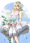  1girl 38 breasts cleavage cloud dress flower long_hair looking_at_viewer nier nier_(series) open_mouth silver_hair smile solo white_dress white_hair yonah 