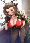  1girl ;d alternate_costume antlers bell bent_over breasts brown_eyes brown_hair christmas cleavage commentary eyeshadow fire_emblem fire_emblem:_three_houses fire_emblem_heroes fishnet_legwear fishnets gloves gonzarez grin highres large_breasts lipstick looking_at_viewer makeup manuela_casagranda mole mole_under_eye official_alternate_costume one_eye_closed orange_eyeshadow orange_lips pantyhose short_hair smile solo v 
