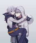  1boy 1girl absurdres blue_eyes carrying carrying_person dress fate/grand_order fate/grand_order_arcade fate_(series) glasses grey_background grey_hair grin highres hood jacques_de_molay_(fate) jacques_de_molay_(foreigner)_(fate) lelejiang purple_dress sheep smile 