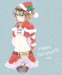  1girl akzk_kh alternate_costume belt blue_eyes breasts brown_hair christmas cleavage closed_mouth final_fantasy final_fantasy_x final_fantasy_x-2 green_eyes happy_holidays hat heart heterochromia highres navel santa_hat short_hair simple_background solo thighhighs yuna_(ff10) 