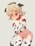  @_@ animal_ears animal_print bikini blush breasts brown_eyes collar cow_ears cow_print cow_tail cowboy_shot drill_hair elbow_gloves embarrassed eyebrows_visible_through_hair fake_animal_ears fake_tail gloves grey_background hairband hand_on_own_arm idolmaster idolmaster_cinderella_girls light_brown_hair medium_hair morikubo_nono navel nose_blush print_bikini print_gloves print_legwear red_collar ringlets self_hug simple_background skindentation small_breasts sweat swimsuit tail thighhighs uccow wavy_mouth 
